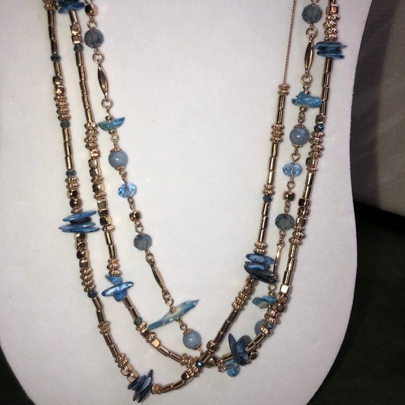 Very Long Triple Strand Goldtone & Blue Painted Shells Necklace 36” - Picture 3 of 12